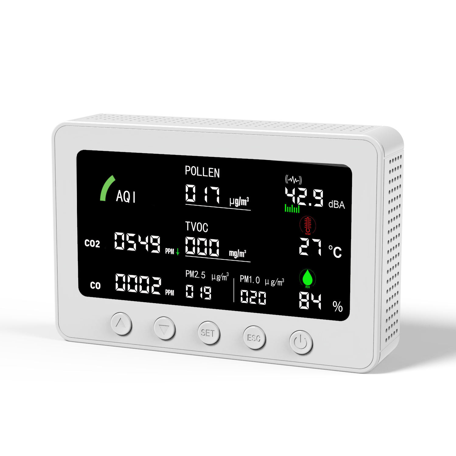 Cheap Multi-Gas Air Quality Tester - 10-in-1 AQI/CO2/Noise/TVOC/Pollen Detector with WiFi Remote Monitoring &amp; Data Storage for sale