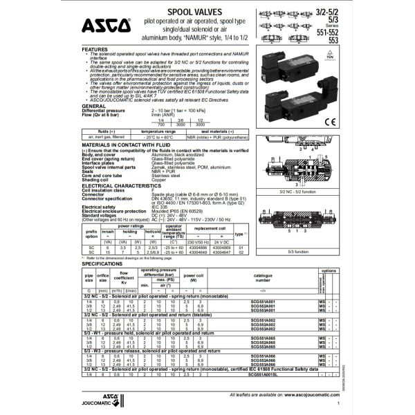 1/4" 3 Way And 4 Way Compact Solenoid Spool Valves Asco Series 551 Line