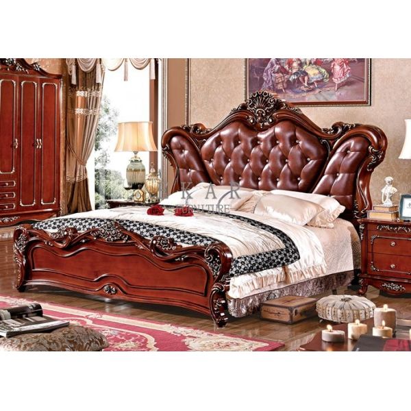 Quality Classic style bed wood frame and leather with carved wholesale