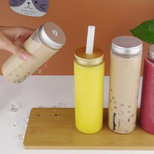 Beverage Round Plastic Pet Boba Juice Bottles Transparent 450ml With Aluminum