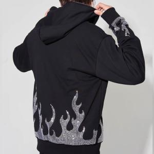 Custom Streetwear Oversized Men's Zip Up Hoodie with Flame Rhinestone Design