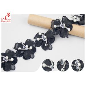 Black 3D Flower Embroidered Lace Trim With Beaded Azo Free Dyeing Pass OEKO TEX
