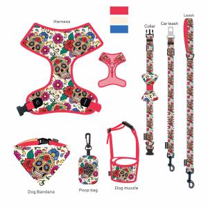 7 Pieces Small Soft Dog Harness M Size Collar Leash Set Ribbon Decoration