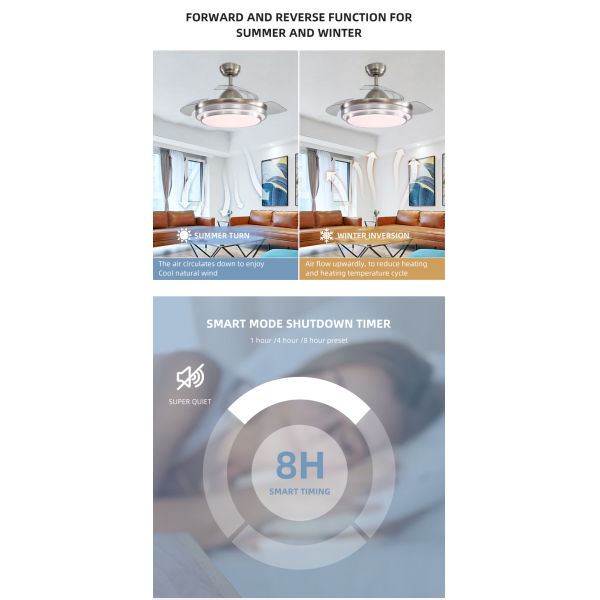 Super Bright 5000K 65W 42 Inch Flush Mount Ceiling Fan With Light retractable