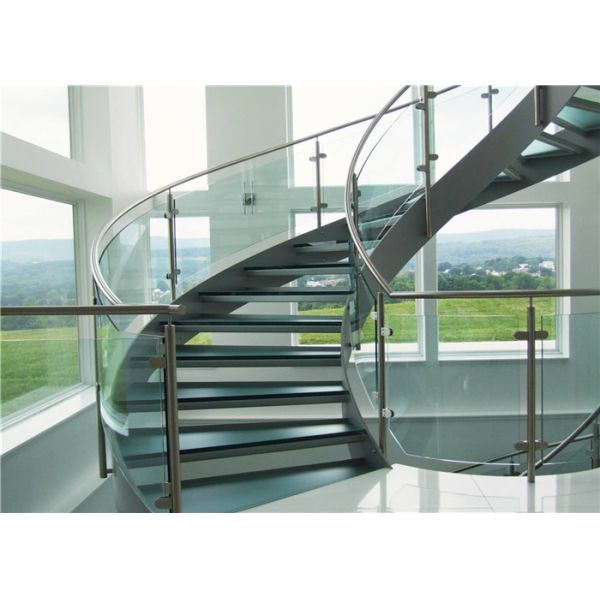 Round Curved Glass Staircase Stainless Steel Building Stairs Easy Assemblying
