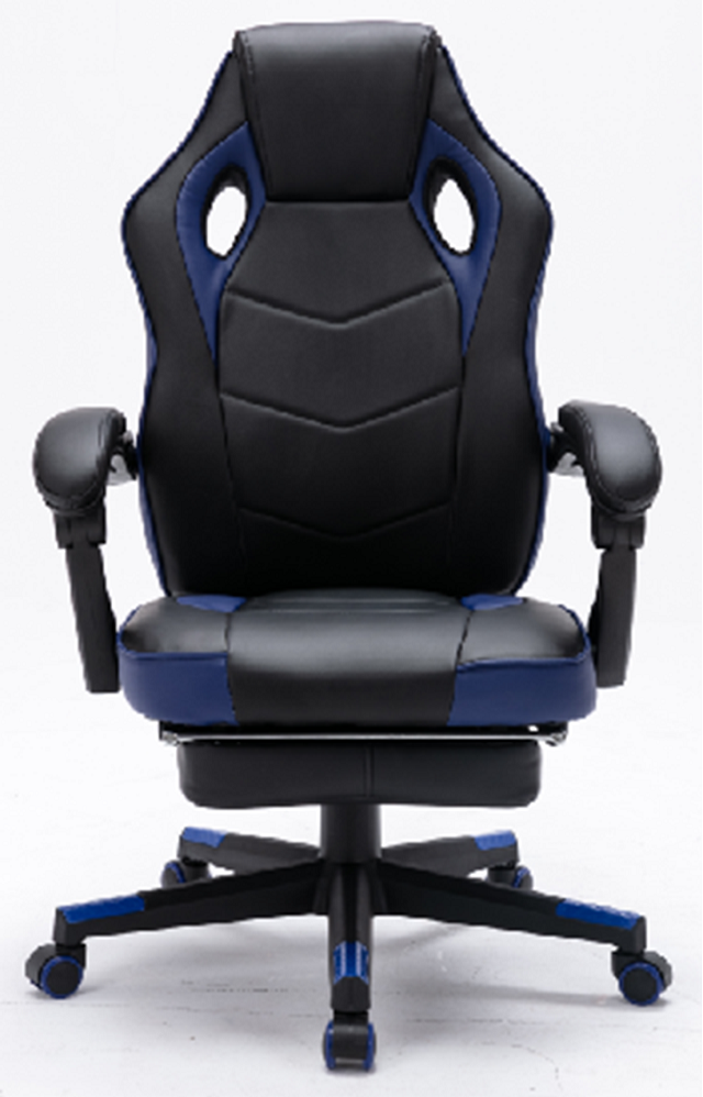 Ergonomic Gaming Chair with Built-in Footrest, 350mm Nylon Base, and Black PU with Blue PU Accents