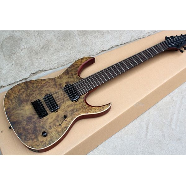 Quality Custom Brown 7-String Alder Electric Guitar with Burl Veneer,24 Frets,2 Open Pickups,White Binding wholesale