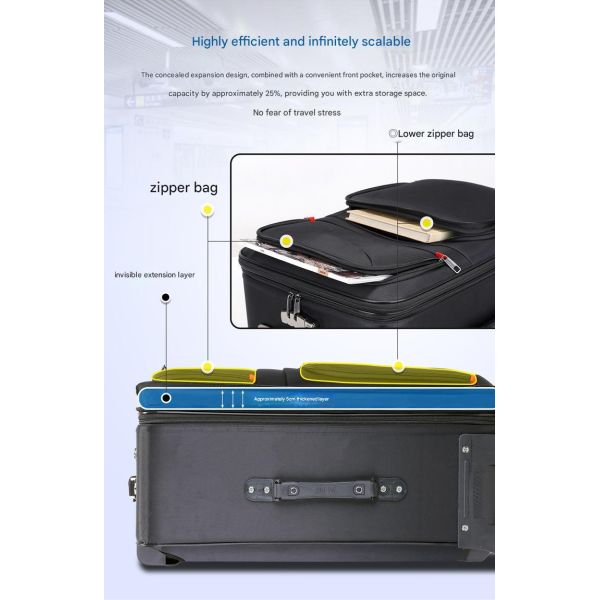 229 Detachable widened version Soft-shell Luggage with Embedded TSA Lock, Waterproof Oxford Cloth and Silent Universal Aircraft Wheels
