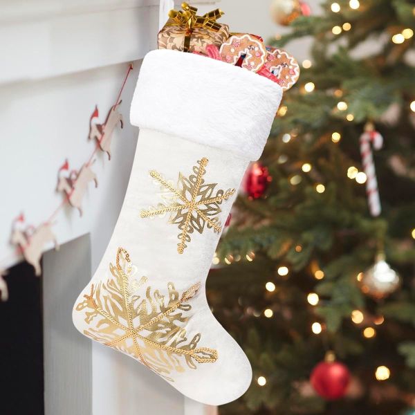 3PC Christmas Stocking,Sequin Hanging Stocking Decorations Christmas Party Family Decor (white)