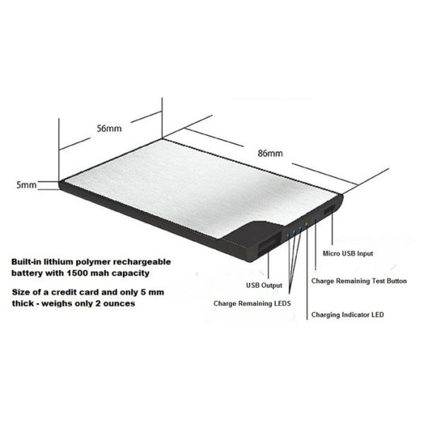 5mm 1500mAh Credit Card Size Power Bank , Backup Battery Charger