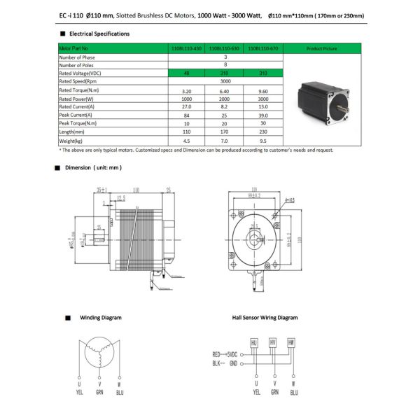 110mm Inrunner Brushless Motor Customizable 3000W Brushless Motor 3000RPM