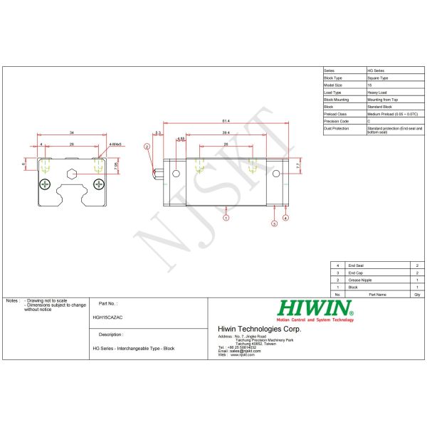 HIWIN HGH15CA Linear Guideway Heavy Load Ball Type Linear Guide Blocks