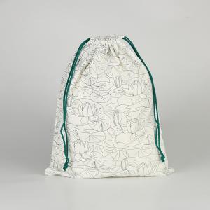 White Cotton Blue Pattern Printed Reusable Eco Friendly Cotton Drawstring Bag