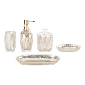 China Mercury Gold Glass Bathroom Accessories Set Round Shape With Ribbed Vertical Stripe Glass Soap Dispenser Glass Toothbrush Holder Soap Dish Holder on sale