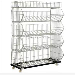 Versatile 5-Tier Metal Wire Basket Stand for Supermarket Snack Display in