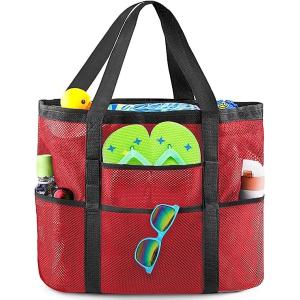 Mesh Beach Bag, Extra Large Beach Bags with 9 Pockets & Zipper Waterproof