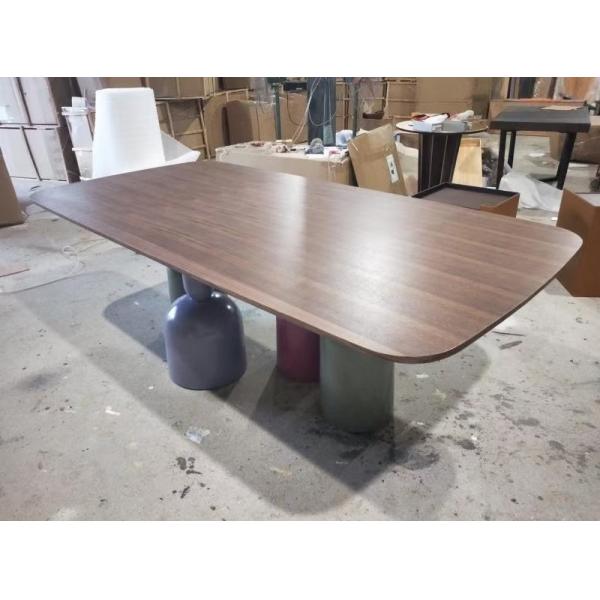 Customized Walnut Color Metal Base Dining Table Rectangular Shape