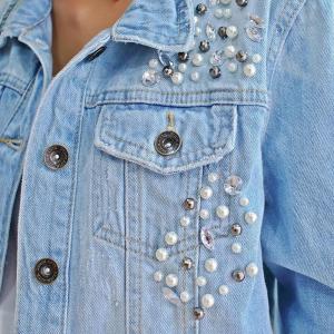 Blue Washed Ripped Ladies Fitted Denim Jacket With Pearls Slim Fit Style