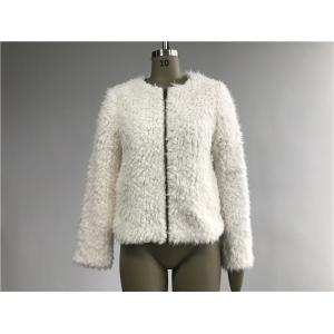 Short Milk Ladies Faux Fur Coats With Collarless and Metal Zip Through
