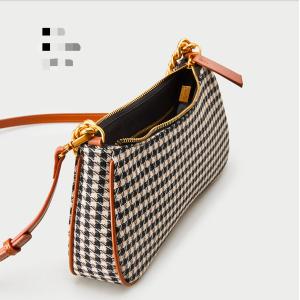 PU Baguette Shoulder Bag Houndstooth Texture Retro Brown