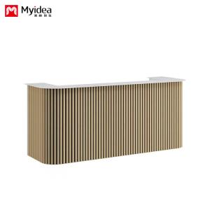 Scratch Resistant Wooden Grille and White Mountain Patterned Rock Slab Front Desk Customizable Lobby Reception Support