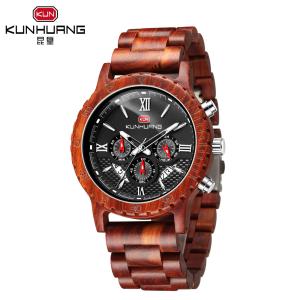 Man Red Sandal Wooden Quartz Watch Black Dial 6 Pointers 1014-3