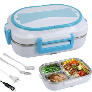 Electric Lunch Box 60W Four-Clasp Hand12V/24V Lunch Box With Carry Bag And Fork And Spoon White Blue