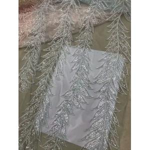 Blue Shiny Embroidered Leaf Lace Fabric With Beads And Sequins 120CM Width