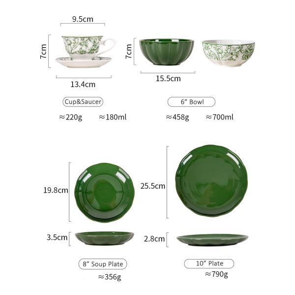 Green Floral Ceramic Plates Sets For 6 Users Exquisite Porcelain Utensils Included