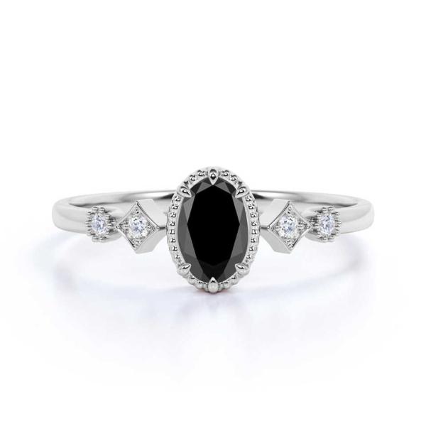 Oval Cut Black and White Diamond Accents Milgrain 5 Stone Engagement Ring 1.5 Carat