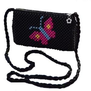 Black Beaded Pearl Hand Bags Red Butterfly Pattern With Zipper 21cm length OEM