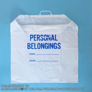 Hard handle Patient Belonging Bag, 1.4 mil Thick, 20 W x 20 Large, 4 Gusset, Clear Bag with Blue Print