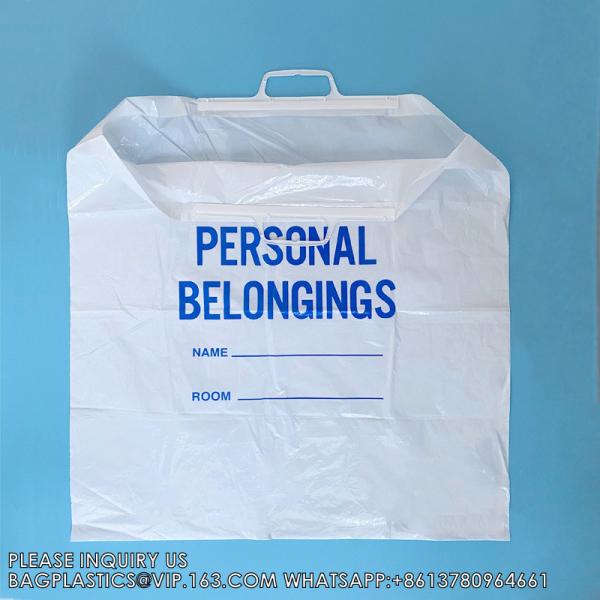 Quality Hard handle Patient Belonging Bag, 1.4 mil Thick, 20" W x 20" Large, 4" Gusset, Clear Bag with Blue Print wholesale