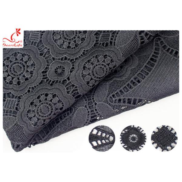47 Inch Black Embroidered Lace Fabric For Dressmaking / Floral Embroidered Trim