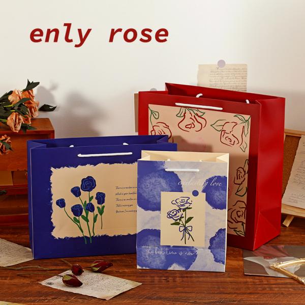 Luxury Handheld Custom Printed Kraft Paper Bags Painted Rose Flowers