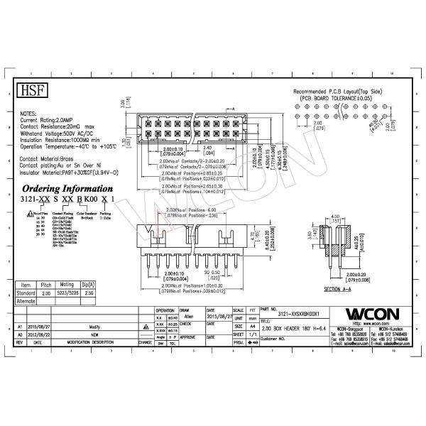 H=6.4 2.0 Pitch Box Header Connector Straight PBT Black Gold Flash ROHS