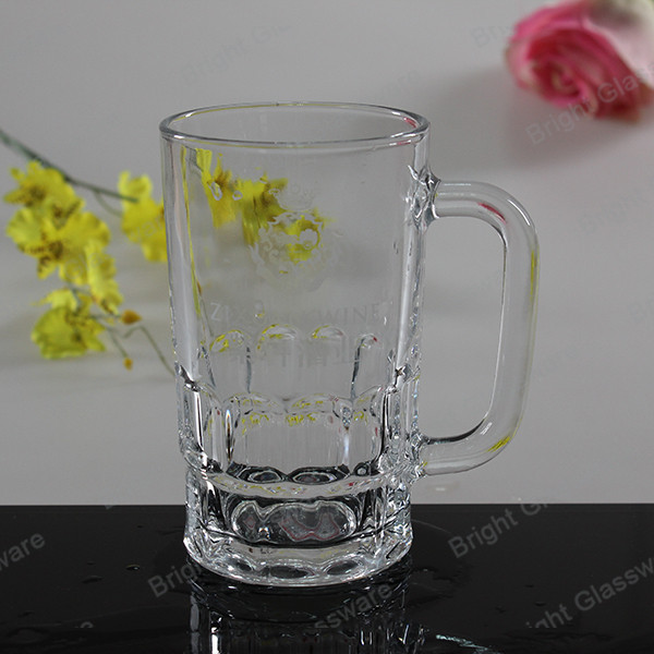 Quality machine press glass beer mug, glass tumbler with handle wholesale