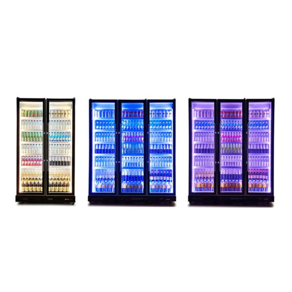 Quality 3 Doors Beverage Display Cooler Tricolor LED Light Vertical Dazzle Black Drink Chiller wholesale