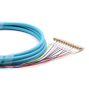 LC UPC 12 Cores PVC Bundle Fan Out Fiber Optic Pigtail Multimode OM3 Aqua Jacket
