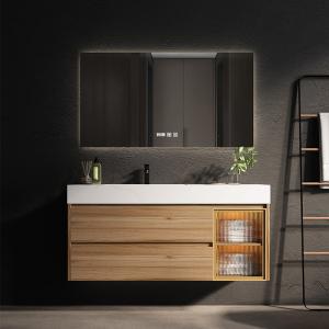 Rectangle Floating Bathroom Cabinet Solid Wood LED Mirror Vanity
