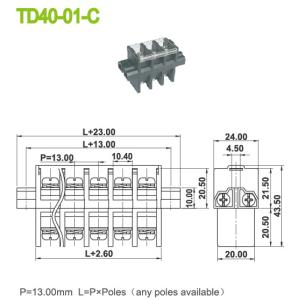 40A Panel Mount Power Terminal Block Connector Perforation Pitch 13mm M5 Screw