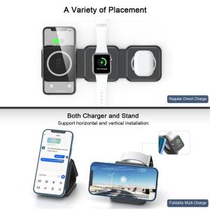 15W Folding Wireless Charger With 3 In 1 Magnetic Qi Phone Stand
