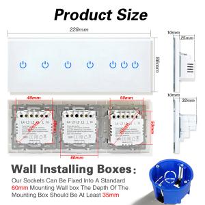 EU Standard 228 Type 3 Gang Touch Lamp Switch Tempered Glass Panel White Black