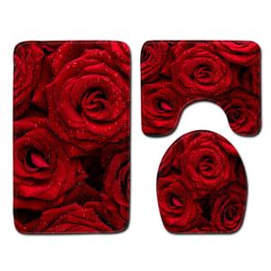 Rose Pattern Toilet Mat Set Polyester Fiber Toilet Lid Cover Set