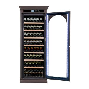 China Luxury Vintage Style Walnut-toned Solid Wood Wine Cooler Refrigerator with Arched Glass Door on sale
