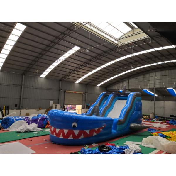 Blue Shark Blow Up Slippery Slide Inflatable Lawn Water Slide For Kids And
