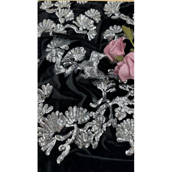 Quality Leafy Black Flocked Tulle Lace Sequins  Sliver Detailed Fabric For Statement Formal Dresses wholesale