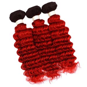 #T1B/Red Deep Wave Remy Human Hair Bundles Sew In Weave Bundles Brazilian Bundle