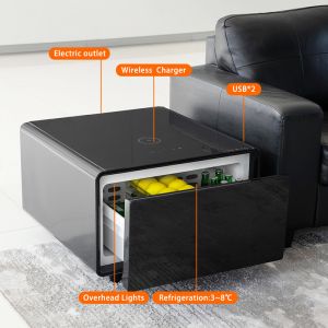 Mini Side Table Drawer Beer Beverage Cooler with Tempered Glass and Wireless