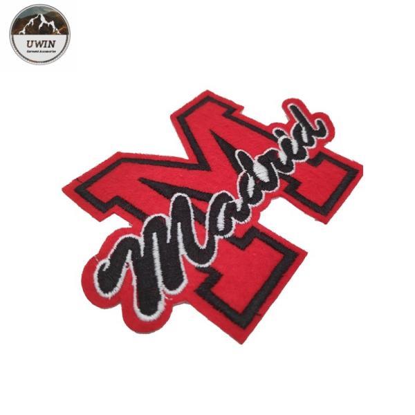 Quality M Letter Embroidered Sports Patches Red / Black Customized Size With Felt Bottom wholesale